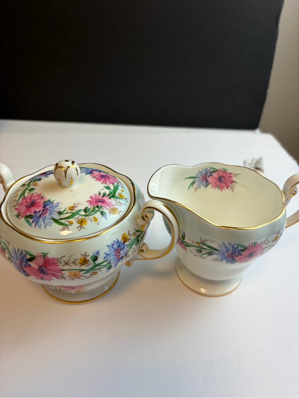 Royal Doulton Porcelain Creamer and Covered Sugar - Pink, Blue & Gold Floral
